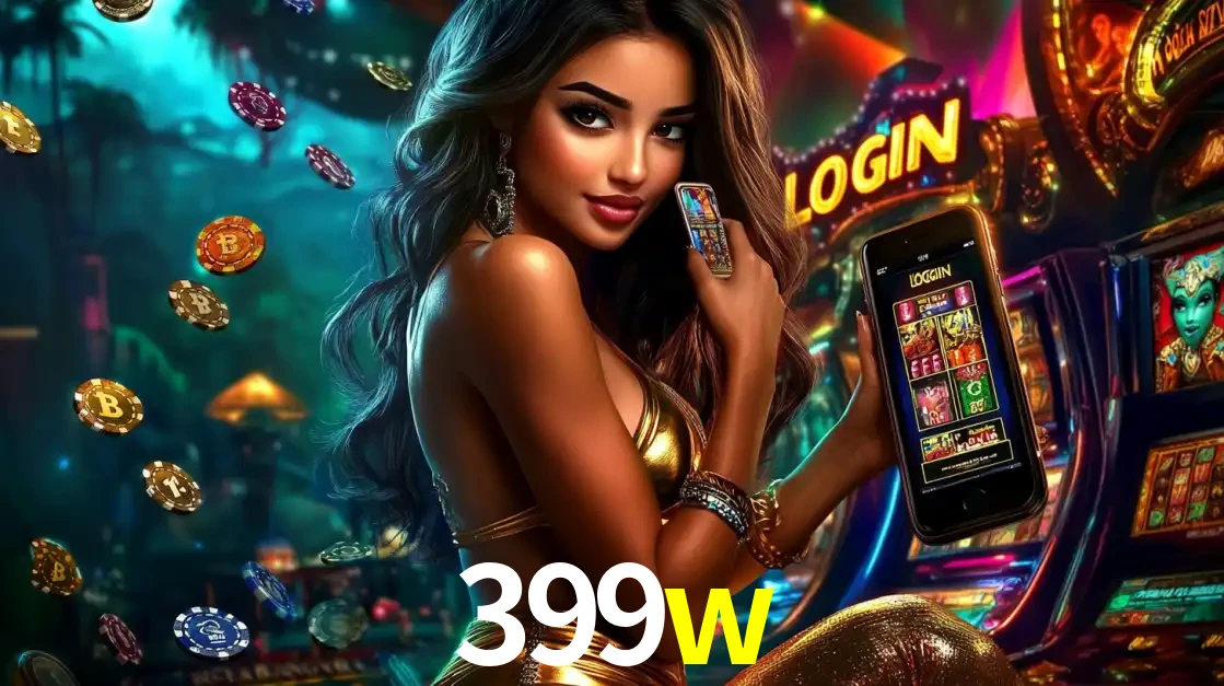 Mulher em um cenário de cassino temático de aventura, mostrando o app de caça-níqueis da 399w no celular. Fichas de apostas flutuam ao redor.