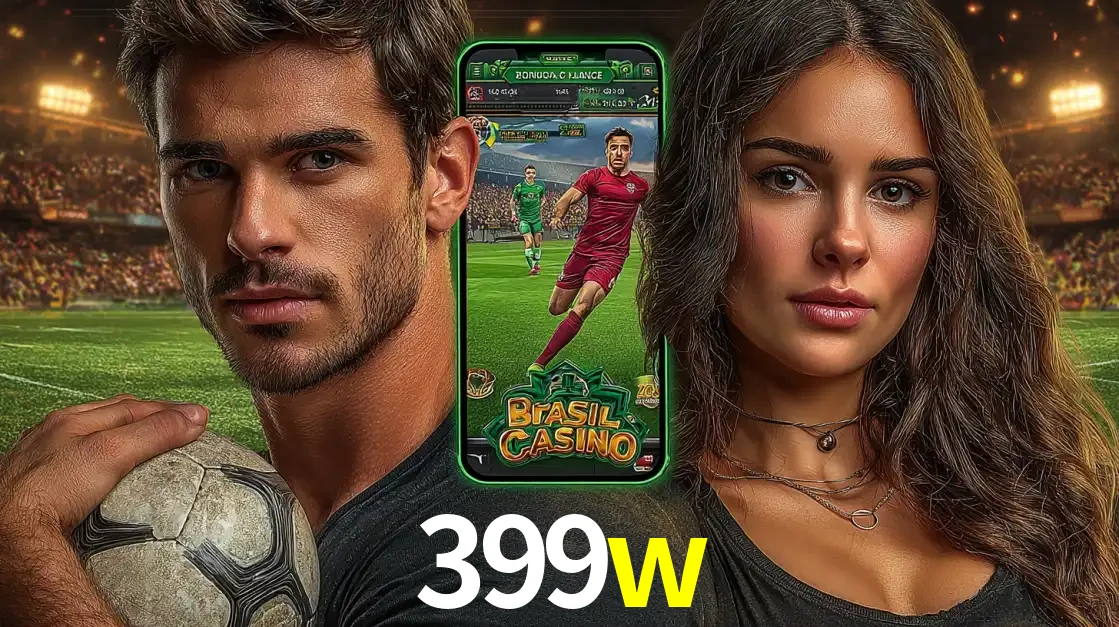 Homem segurando uma bola de futebol e uma mulher ao lado de um smartphone exibindo o jogo de apostas esportivas da 399w. Faça seu palpite no cassino online.